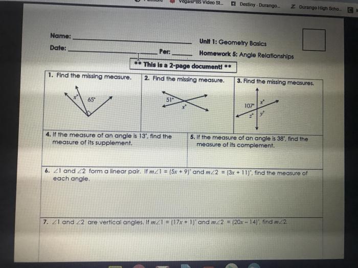 Unit 1 geometry basics homework 3 angle relationships answer key