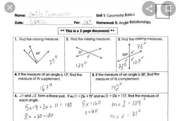 Unit 1 geometry basics homework 3 angle relationships answer key